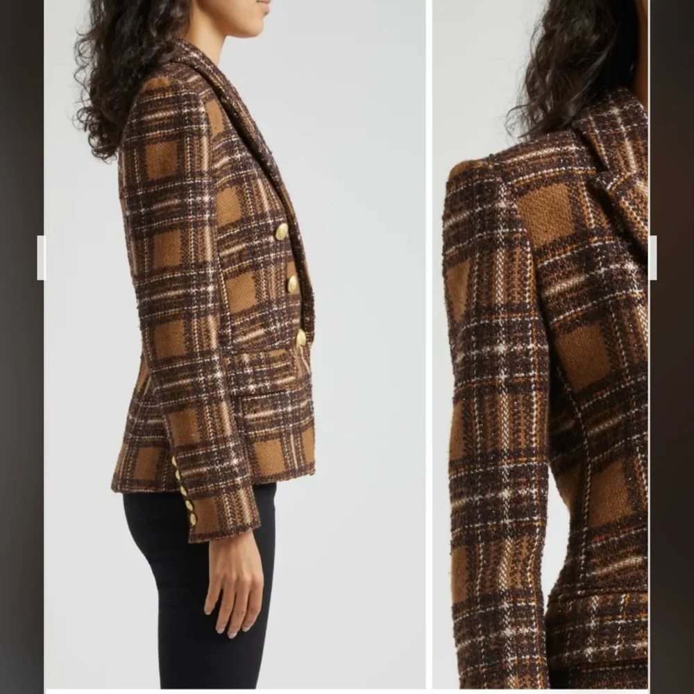 L'AGENCE Kenzie Plaid Tweed Double-Breasted Blazer in Brown / Gold Size 6 - Picture 7 of 15